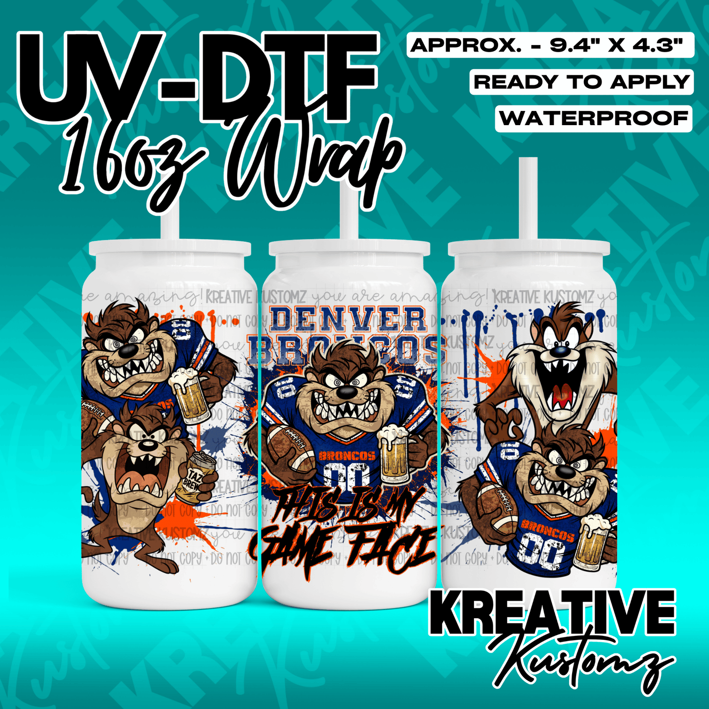 A UV DTF adhesive wrap for 16oz glass cans featuring Taz the Tasmanian Devil in Broncos gear.