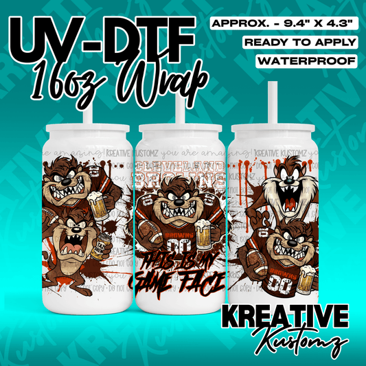 A UV DTF wrap for a 16oz glass can featuring Taz the Tasmanian Devil in Cleveland Browns gear.