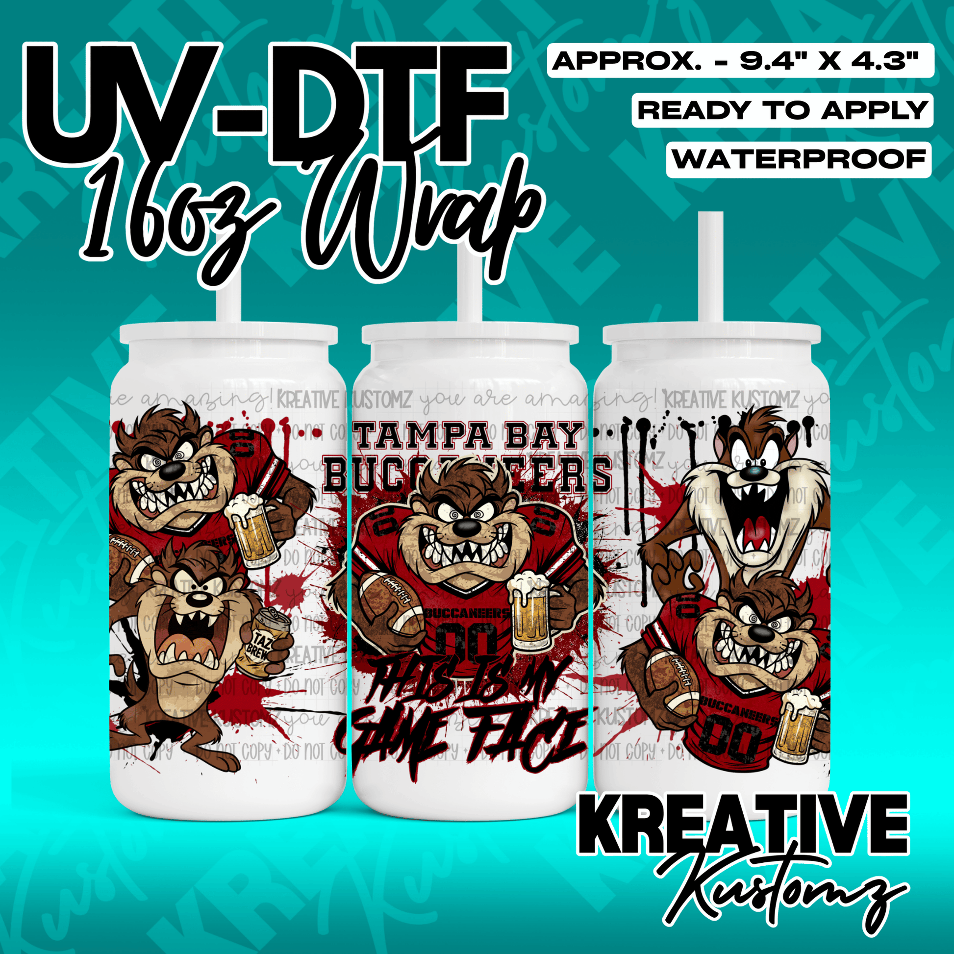 A Tampa Bay Buccaneers themed UV DTF adhesive wrap for a 16oz glass can featuring Taz.