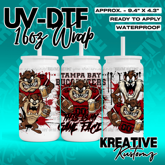 A Tampa Bay Buccaneers themed UV DTF adhesive wrap for a 16oz glass can featuring Taz.
