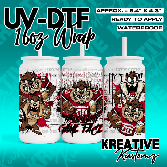 A UV DTF adhesive wrap for 16oz glass cans featuring Taz the Tasmanian Devil in football gear.