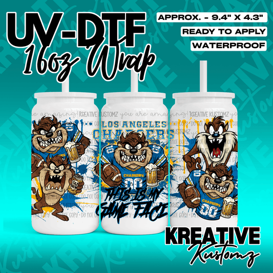 A UV DTF cup wrap featuring Taz the Tasmanian Devil in Los Angeles Chargers football gear.