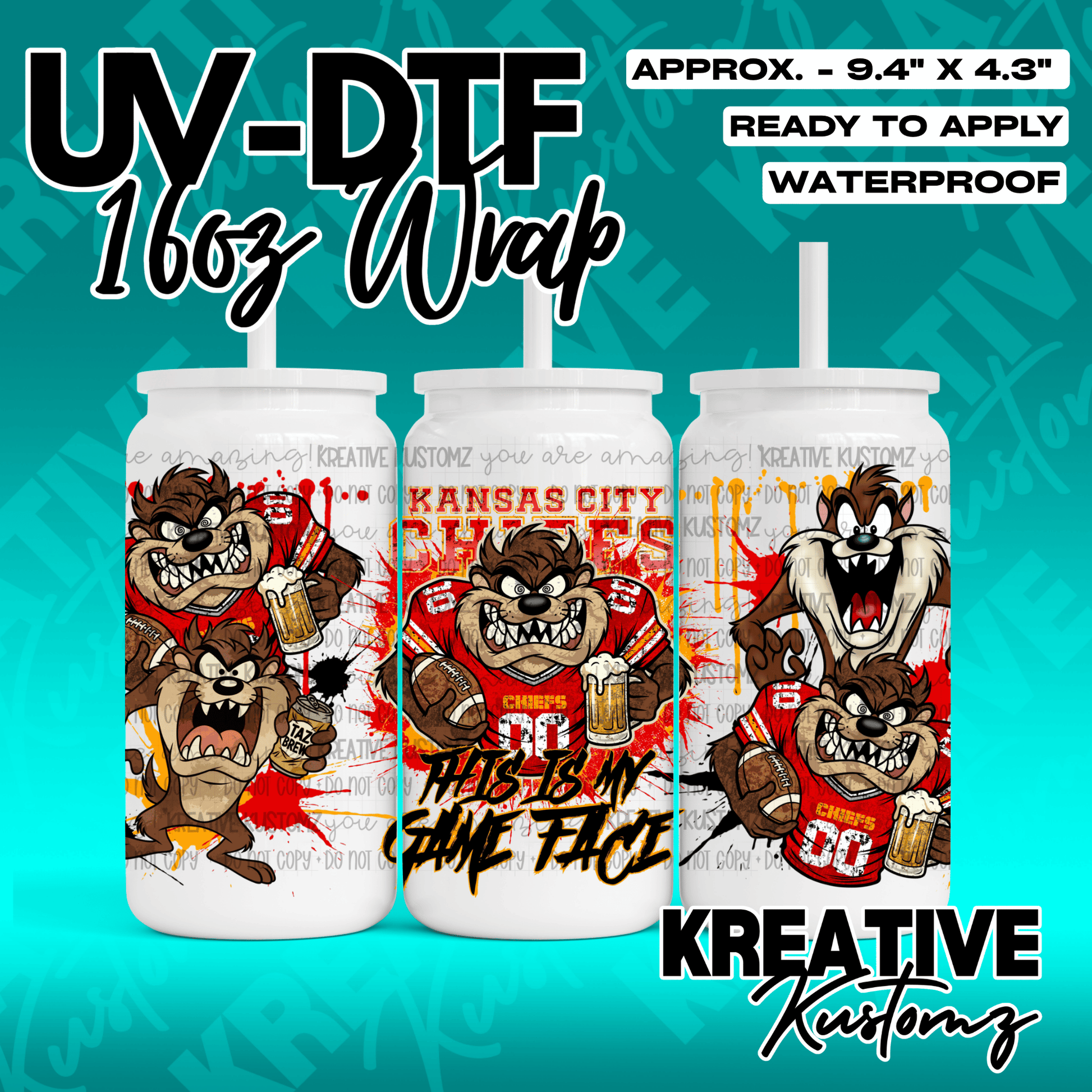 A UV DTF adhesive wrap for 16oz glass cans featuring a Kansas City Chiefs Taz cartoon design.