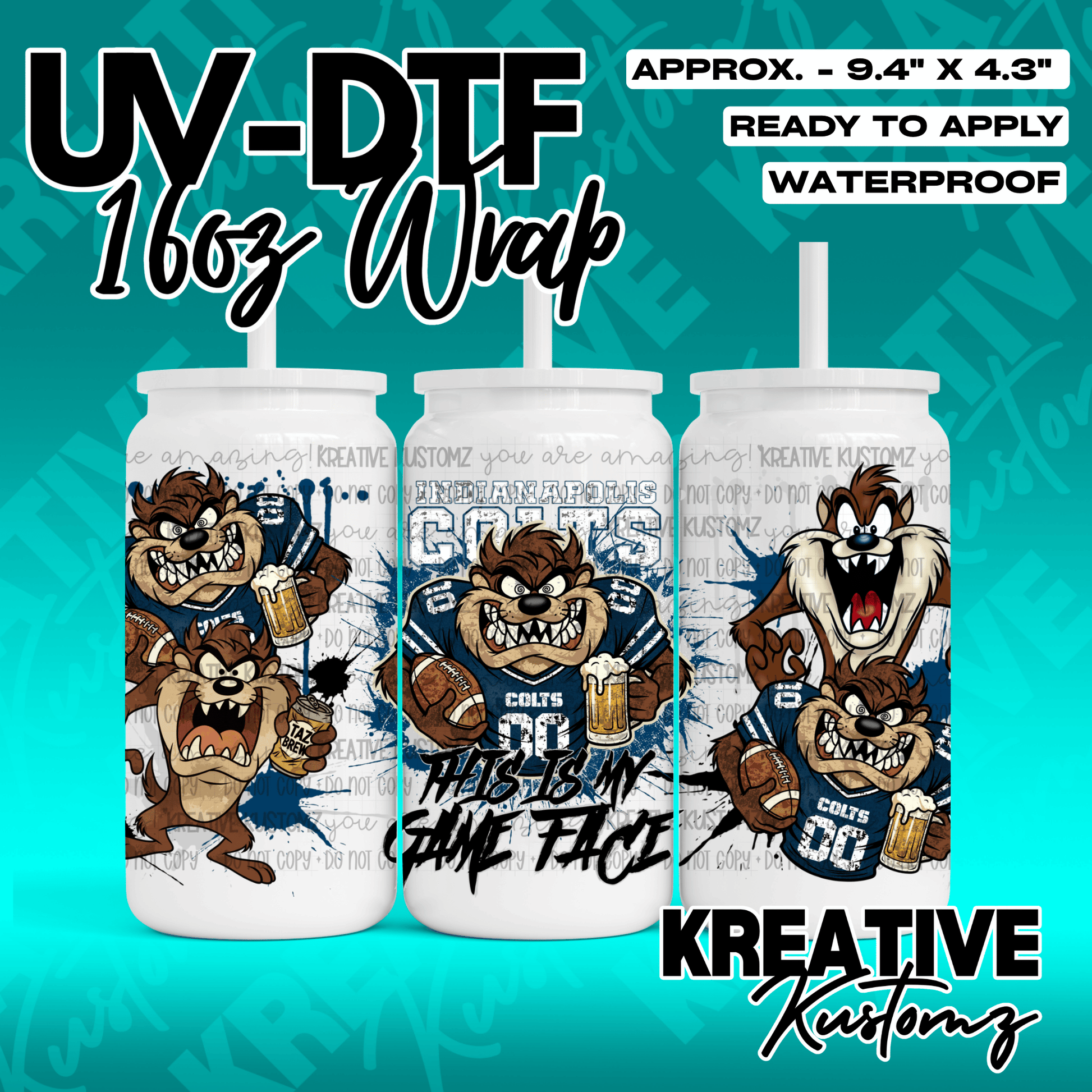 A UV DTF adhesive wrap for 16oz glass cans featuring Taz the Tasmanian Devil in Colts gear.
