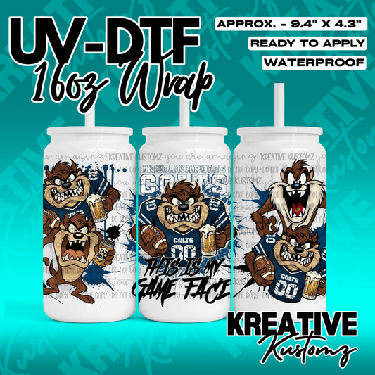 A UV DTF adhesive wrap for 16oz glass cans featuring Taz the Tasmanian Devil in Colts gear.