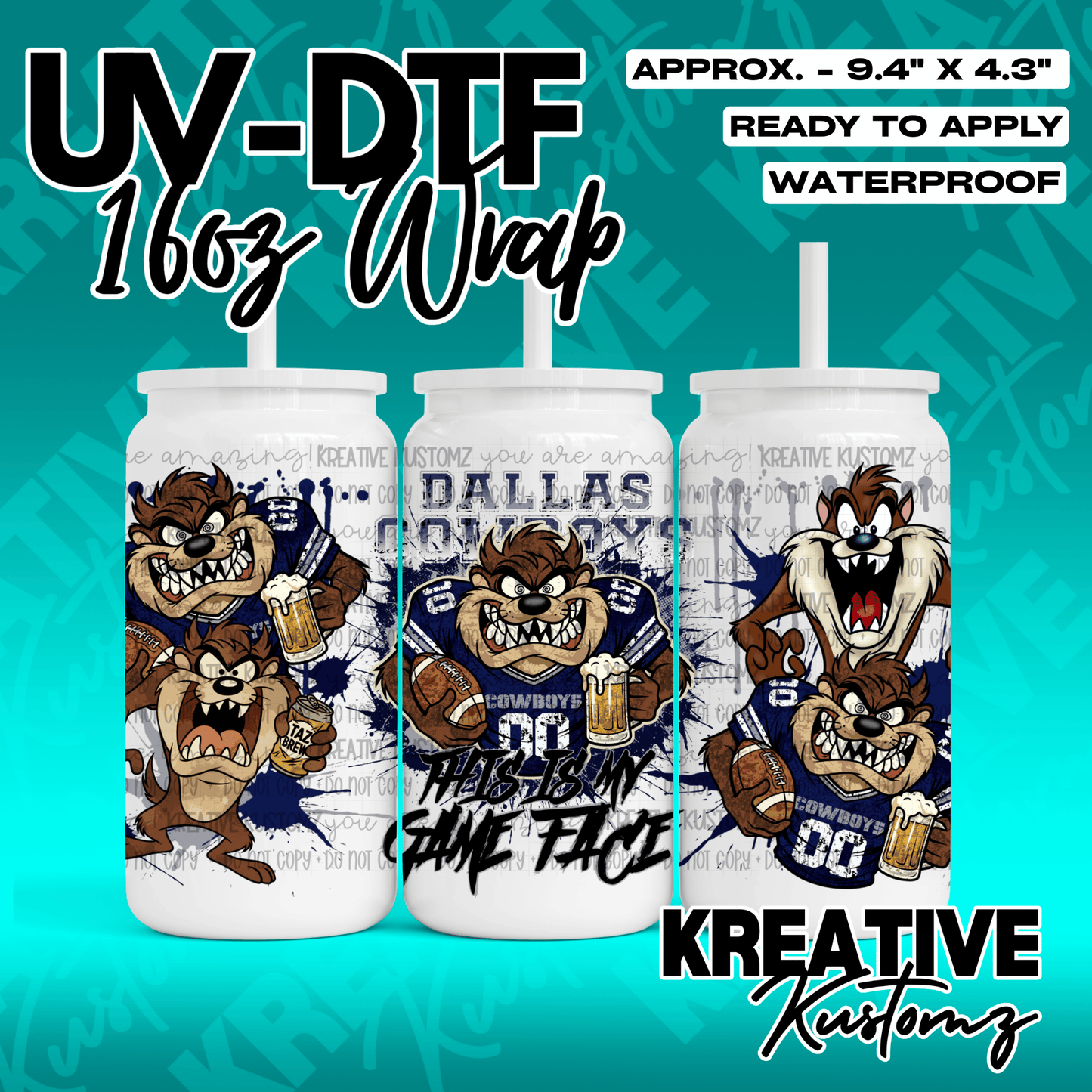 A UV DTF adhesive wrap for 16oz glass cans featuring Taz the Tasmanian Devil in Cowboys gear.