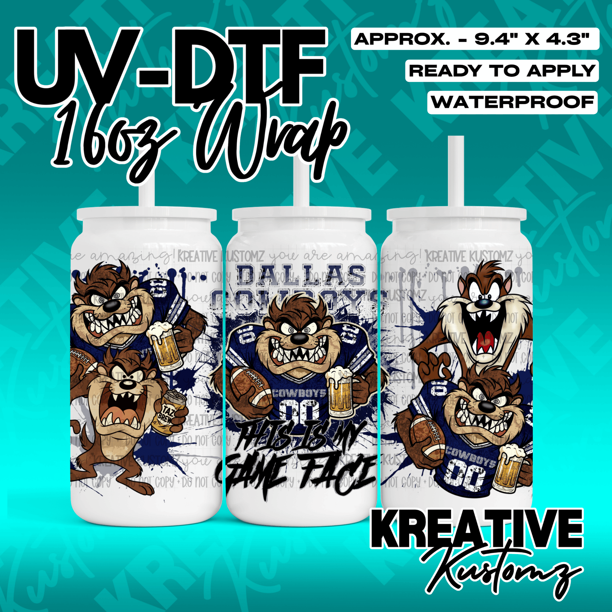 A UV DTF adhesive wrap for 16oz glass cans featuring Taz the Tasmanian Devil in Cowboys gear.