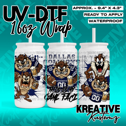 A UV DTF adhesive wrap for 16oz glass cans featuring Taz the Tasmanian Devil in Cowboys gear.