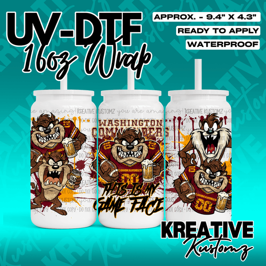 A UV DTF cup wrap featuring Taz the Tasmanian Devil in Washington Commanders football gear.