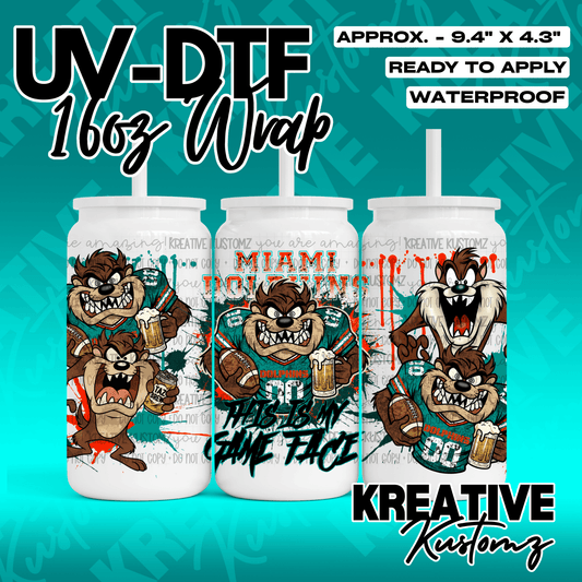 A UV DTF wrap for a 16oz glass can featuring Taz the Tasmanian Devil in Miami Dolphins gear.