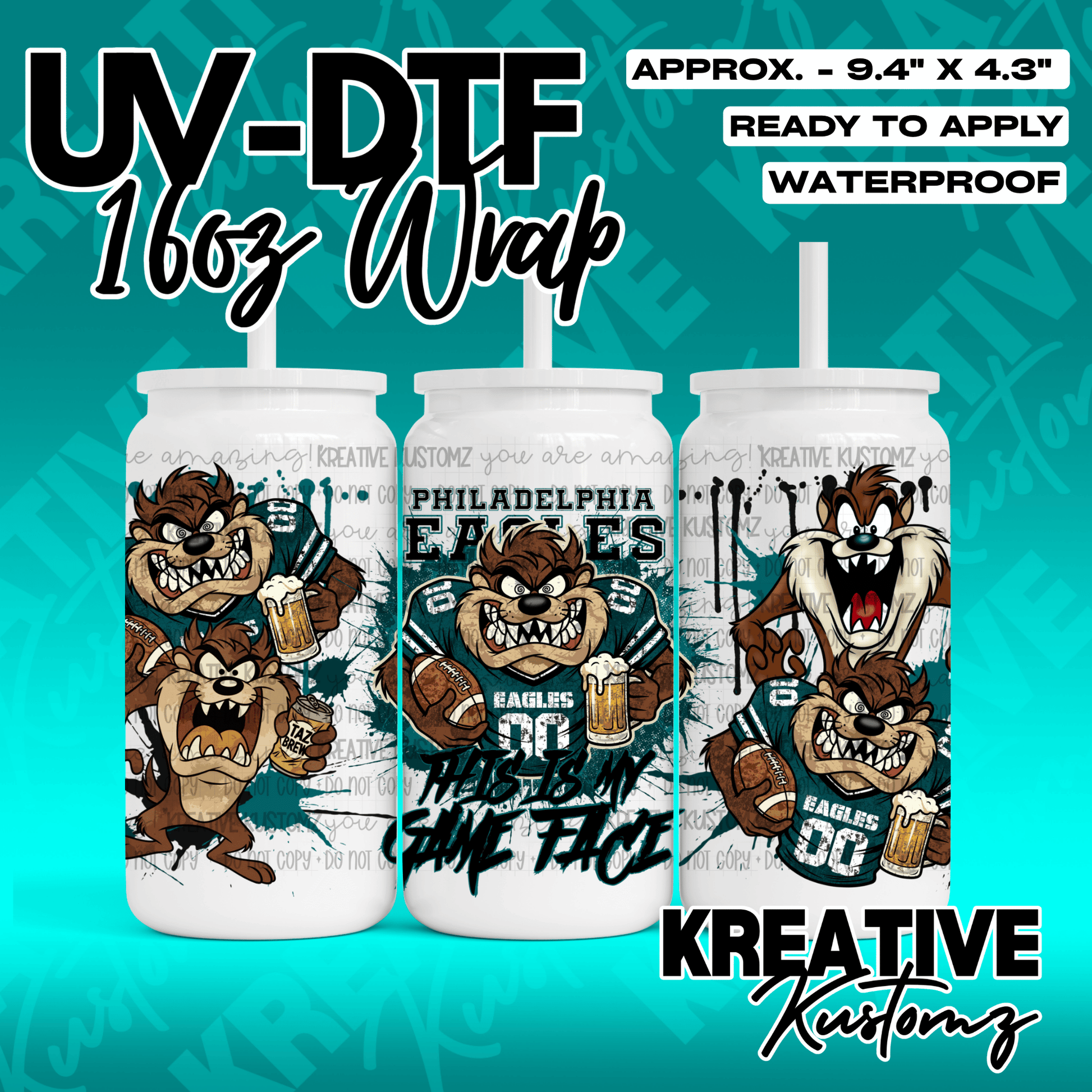 A UV DTF adhesive wrap for 16oz glass cans featuring Taz the Tasmanian Devil in Eagles gear.
