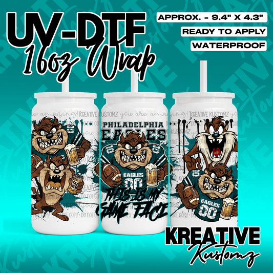 A UV DTF adhesive wrap for 16oz glass cans featuring Taz the Tasmanian Devil in Eagles gear.