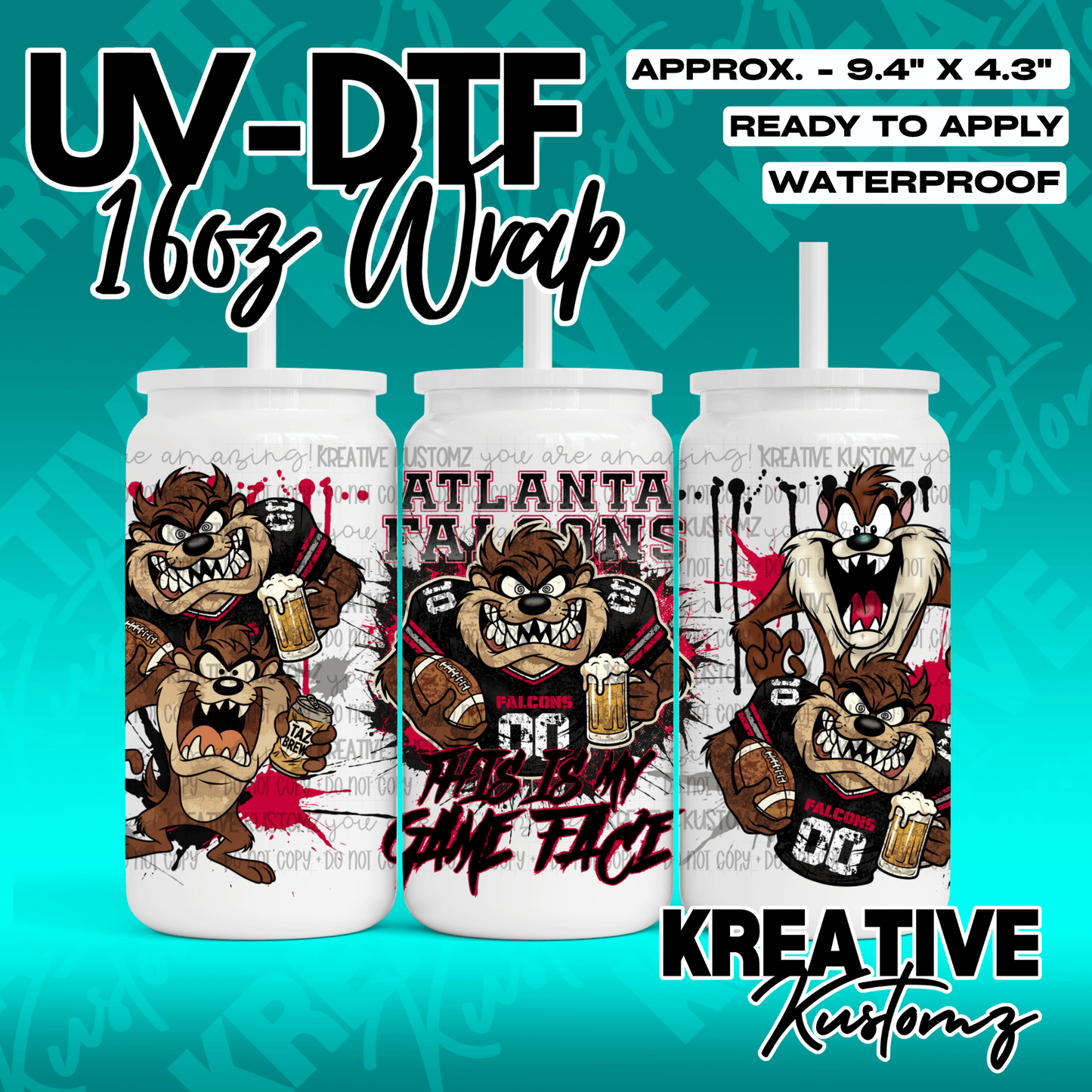 A UV DTF cup wrap featuring the Tasmanian Devil in Atlanta Falcons gear on a white background.
