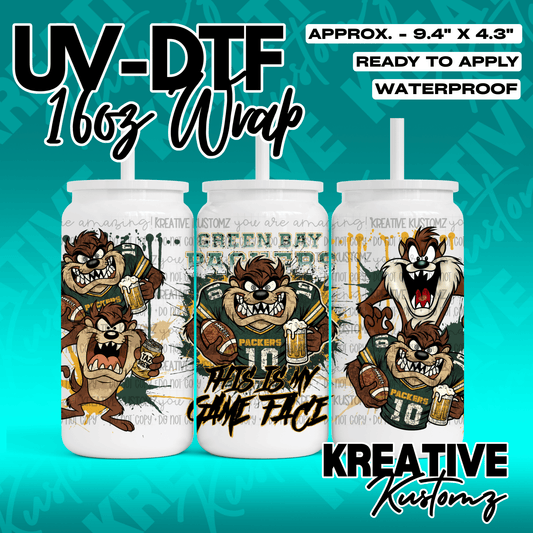 A UV DTF adhesive wrap for 16oz glass cans featuring Green Bay Packers themed Taz designs.