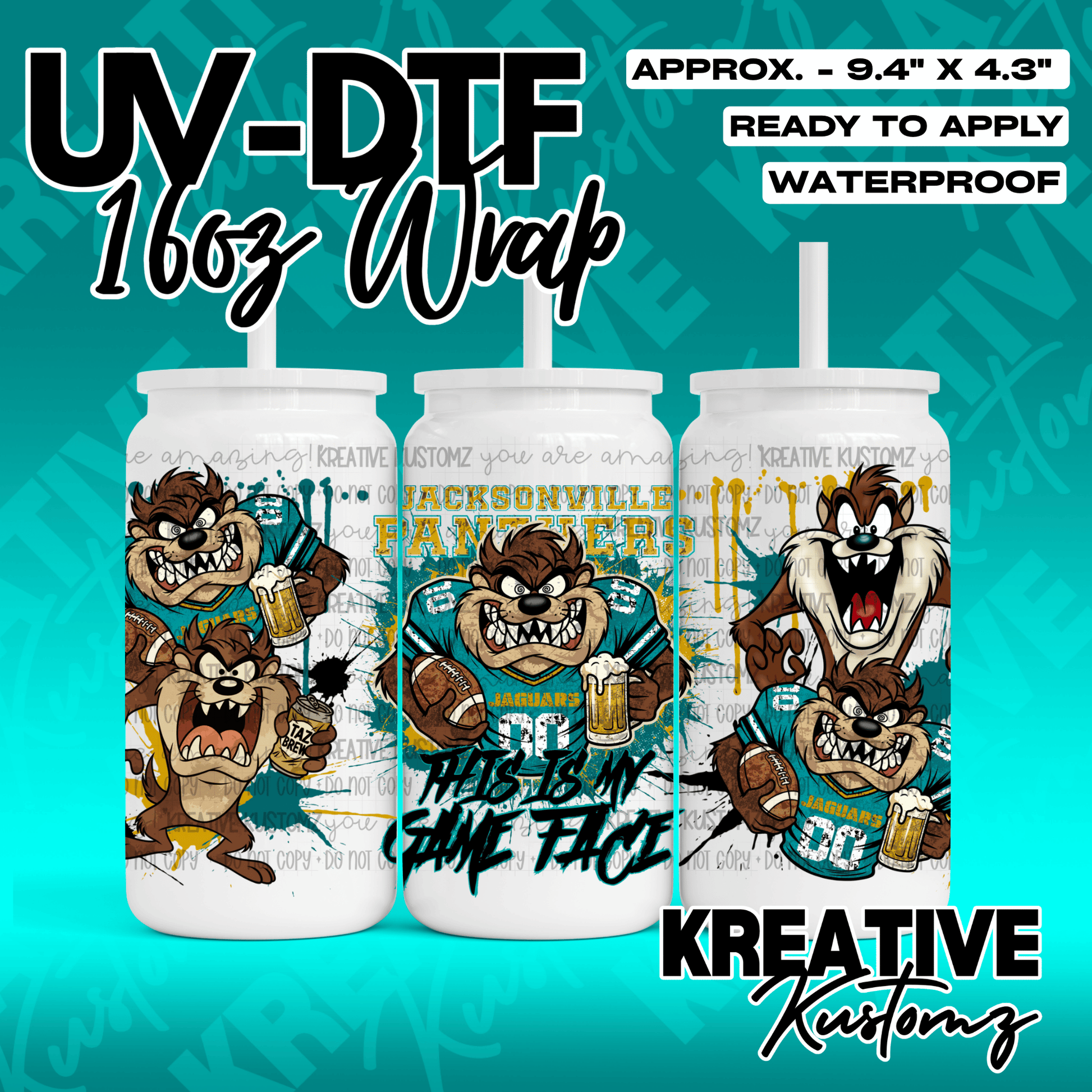 A UV DTF cup wrap featuring Taz the Tasmanian Devil in a football jersey on a teal background.