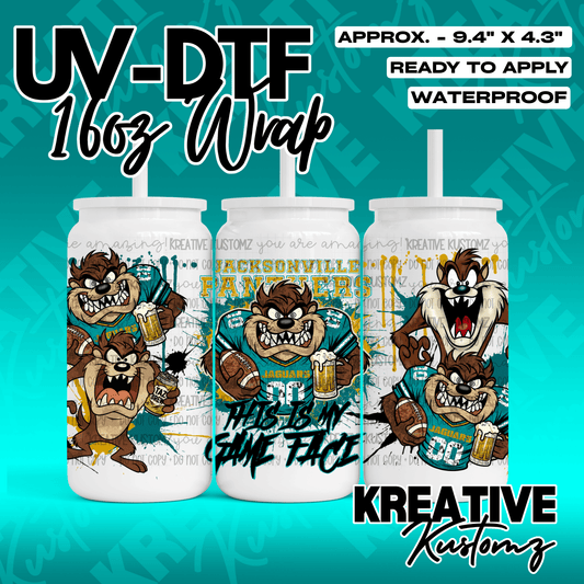 A UV DTF cup wrap featuring Taz the Tasmanian Devil in a football jersey on a teal background.