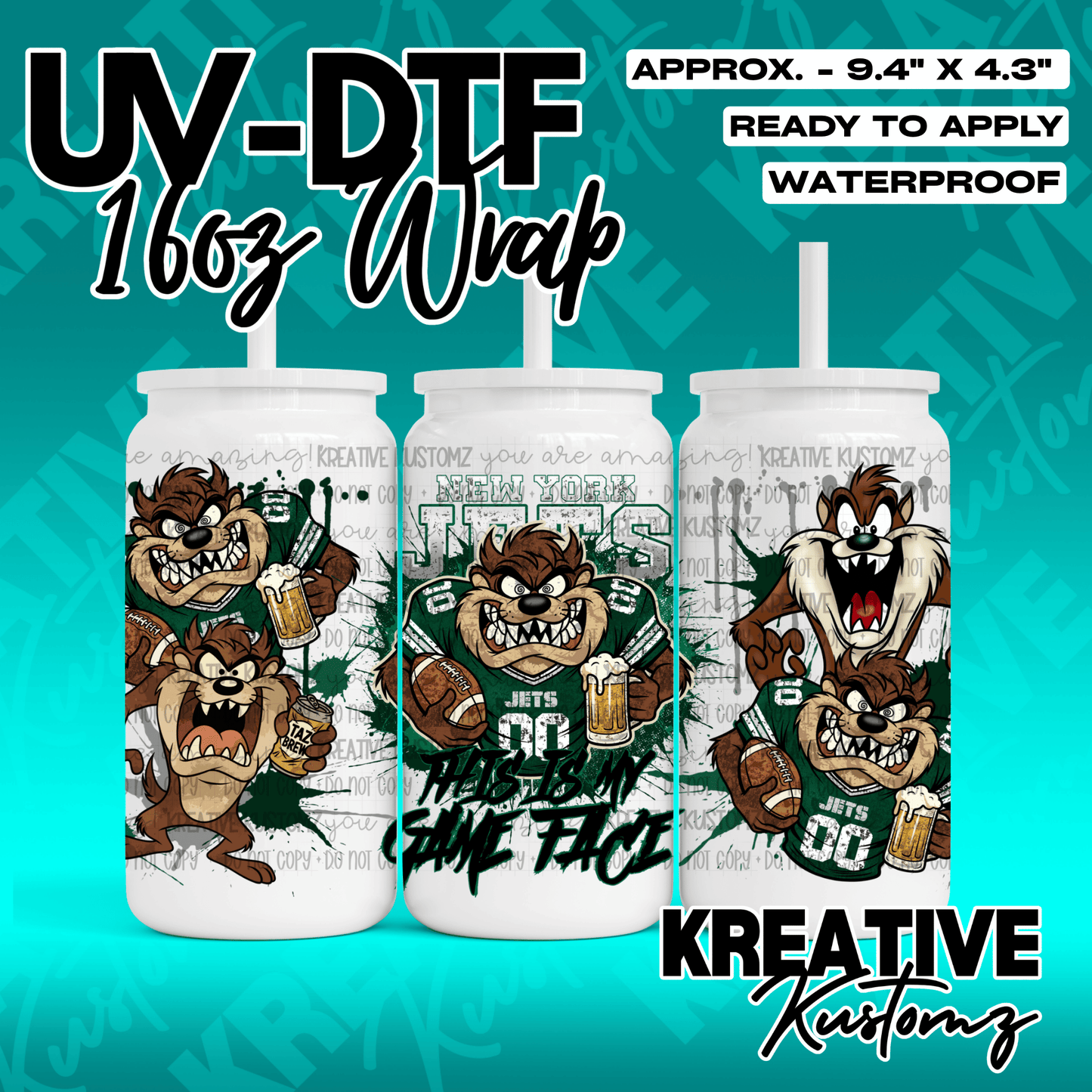 A UV DTF adhesive cup wrap featuring Taz the Tasmanian Devil in a New York Jets football uniform.