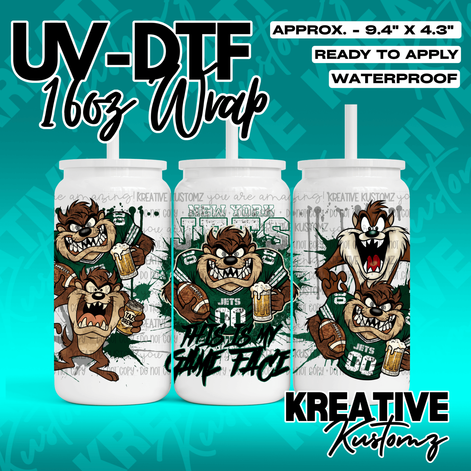 A UV DTF adhesive cup wrap featuring Taz the Tasmanian Devil in a New York Jets football uniform.