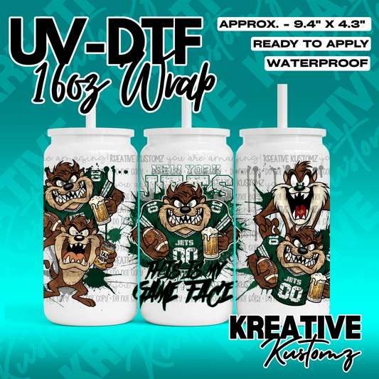 A UV DTF adhesive cup wrap featuring Taz the Tasmanian Devil in a New York Jets football uniform.