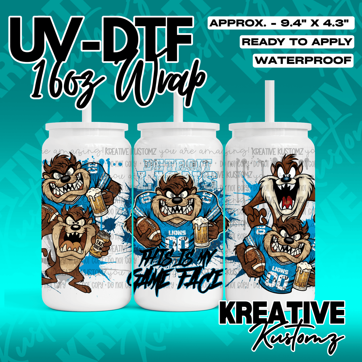 A UV DTF cup wrap featuring the Tasmanian Devil in a Detroit Lions jersey with football graphics.
