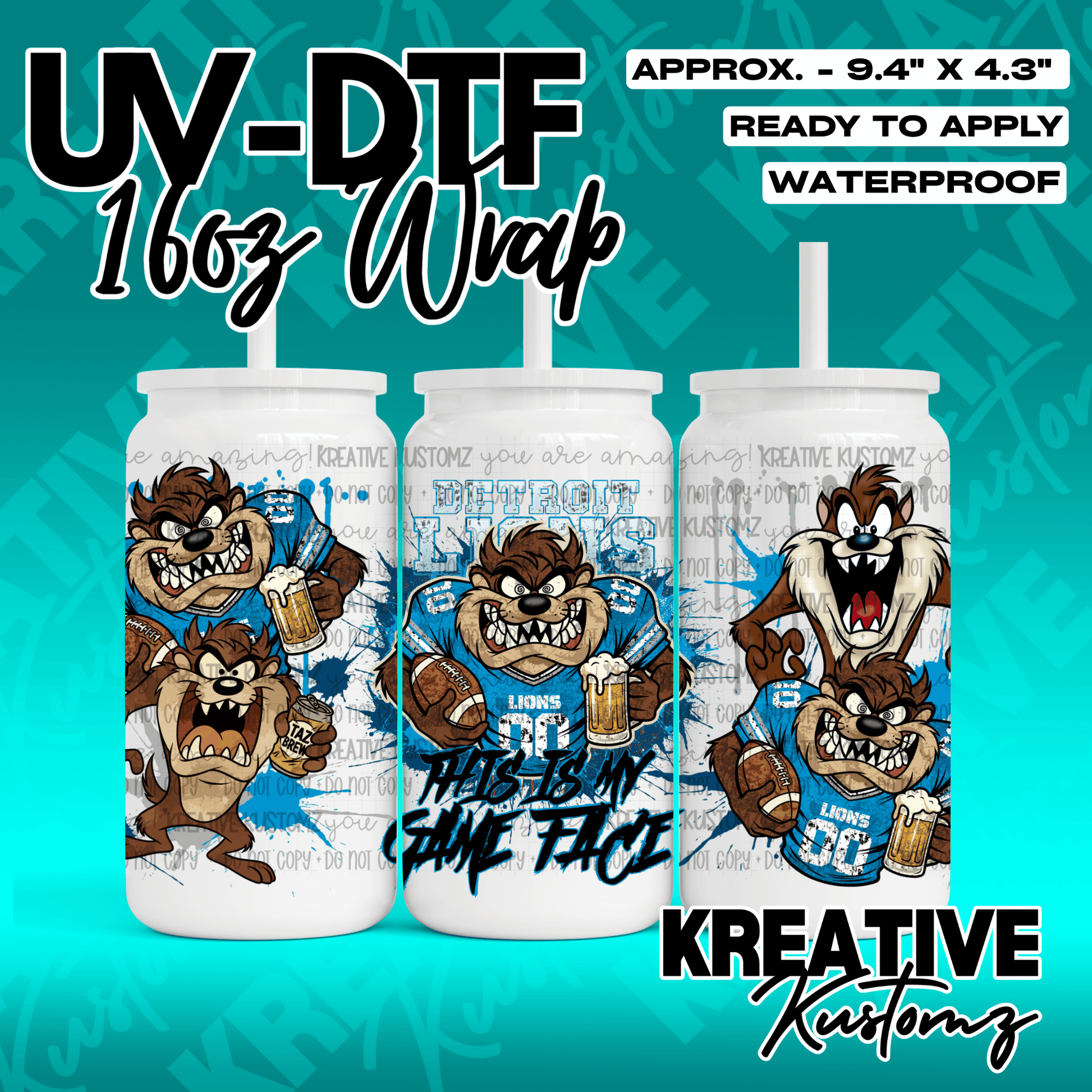 A UV DTF cup wrap featuring the Tasmanian Devil in a Detroit Lions jersey with football graphics.