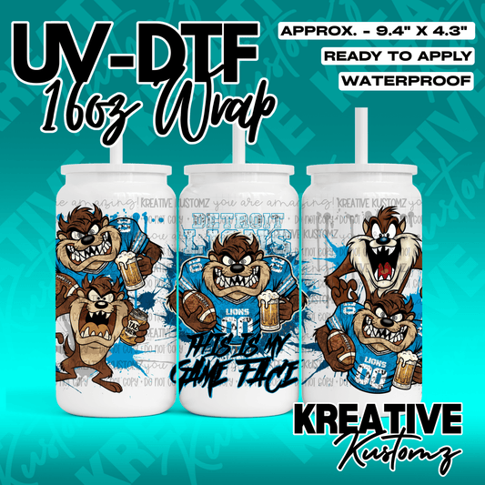 A UV DTF cup wrap featuring the Tasmanian Devil in a Detroit Lions jersey with football graphics.