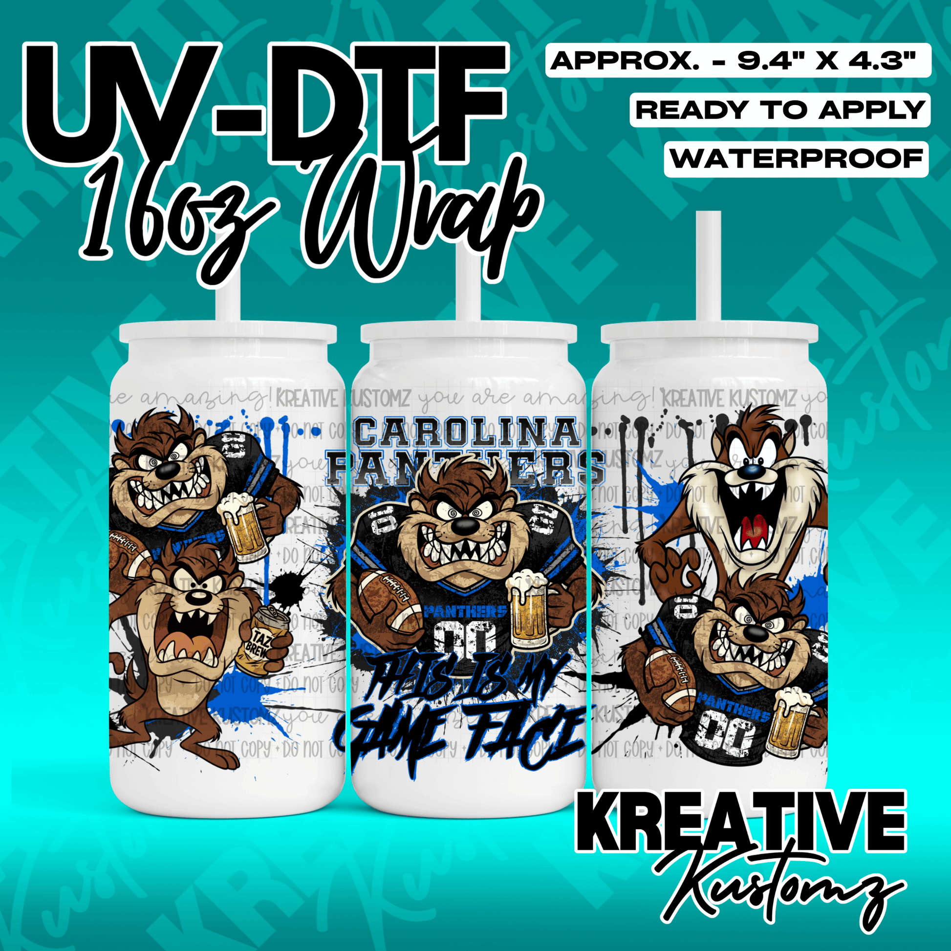 A UV DTF adhesive wrap for 16oz glass cans featuring Taz the Tasmanian Devil in Panthers gear.