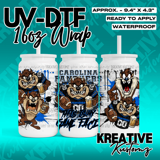 A UV DTF adhesive wrap for 16oz glass cans featuring Taz the Tasmanian Devil in Panthers gear.