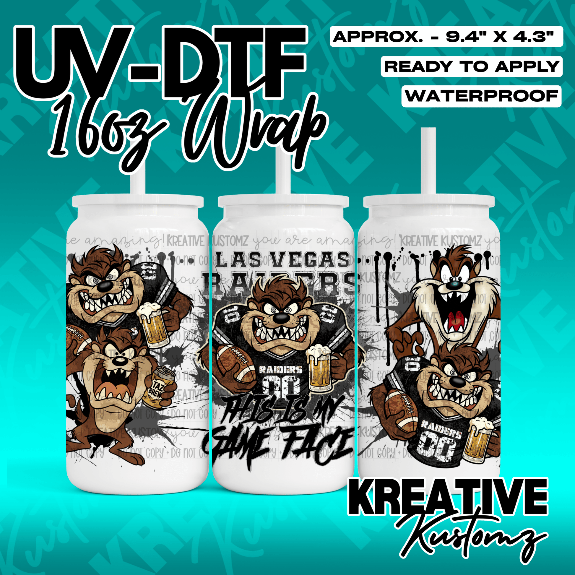 A UV DTF adhesive wrap for 16oz glass cups featuring Taz the Tasmanian Devil in Raiders gear.