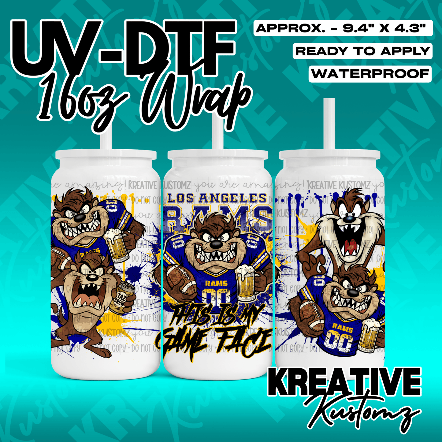 A UV DTF cup wrap featuring Taz the Tasmanian Devil in Los Angeles Rams gear.