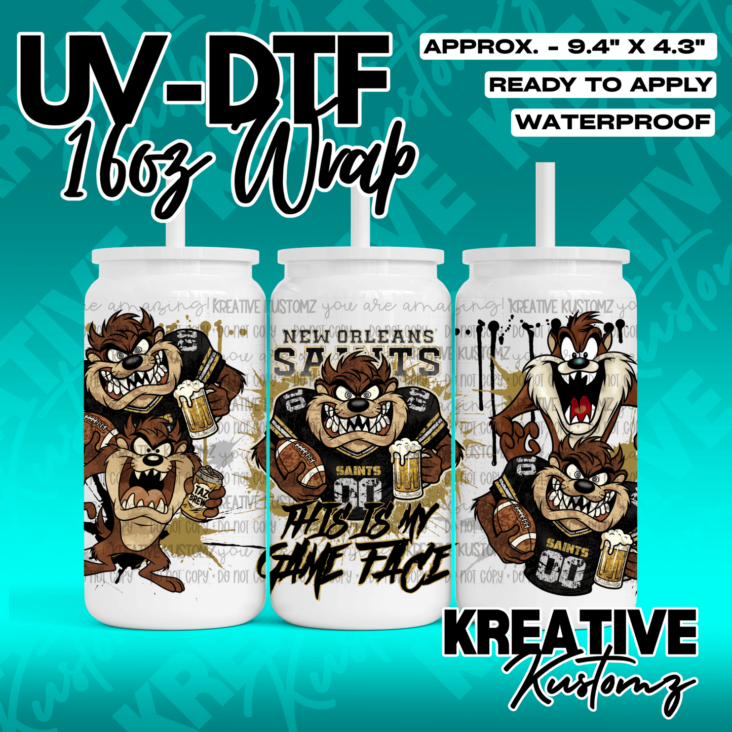 A UV DTF cup wrap featuring Taz the Tasmanian Devil in New Orleans Saints football gear.