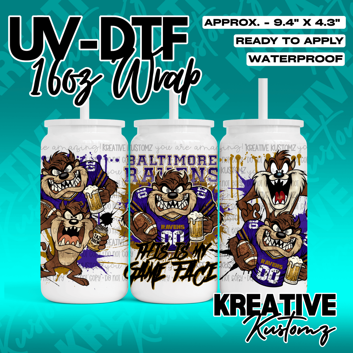 A UV DTF adhesive wrap for 16oz glass cans featuring Baltimore Ravens themed Taz designs.