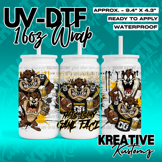 A UV DTF adhesive cup wrap featuring Taz the Tasmanian Devil in Pittsburgh Steelers gear.