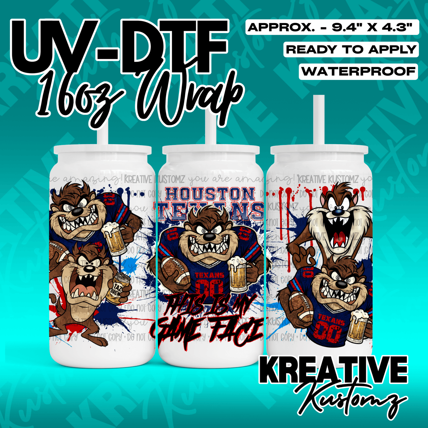 A UV DTF cup wrap featuring Taz the Tasmanian Devil in Houston Texans gear.