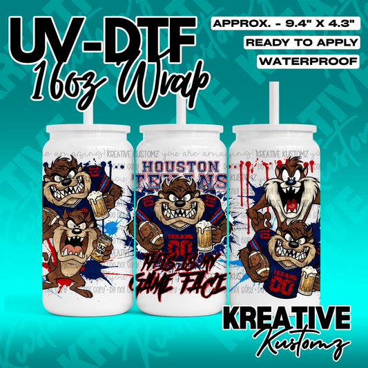 A UV DTF cup wrap featuring Taz the Tasmanian Devil in Houston Texans gear.