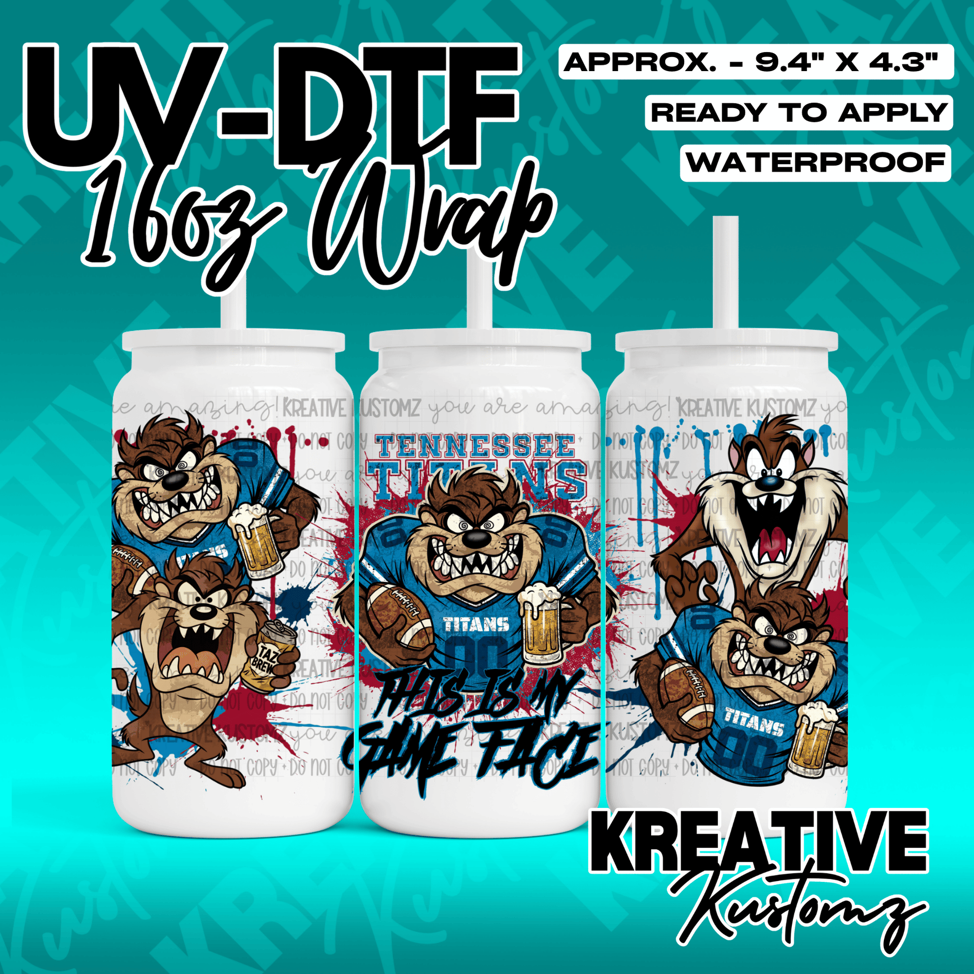 A UV DTF cup wrap featuring Tennessee Titans themed Tasmanian Devil graphics for 16oz glass cans.