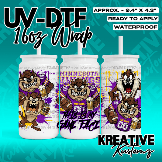 A UV DTF adhesive wrap for a 16oz glass can featuring Minnesota Vikings themed Taz designs.