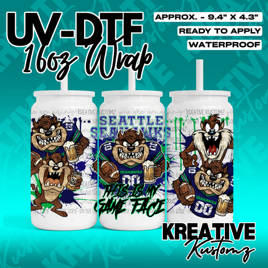 A UV DTF wrap for a 16oz glass can featuring Taz the Tasmanian Devil in Seahawks gear.