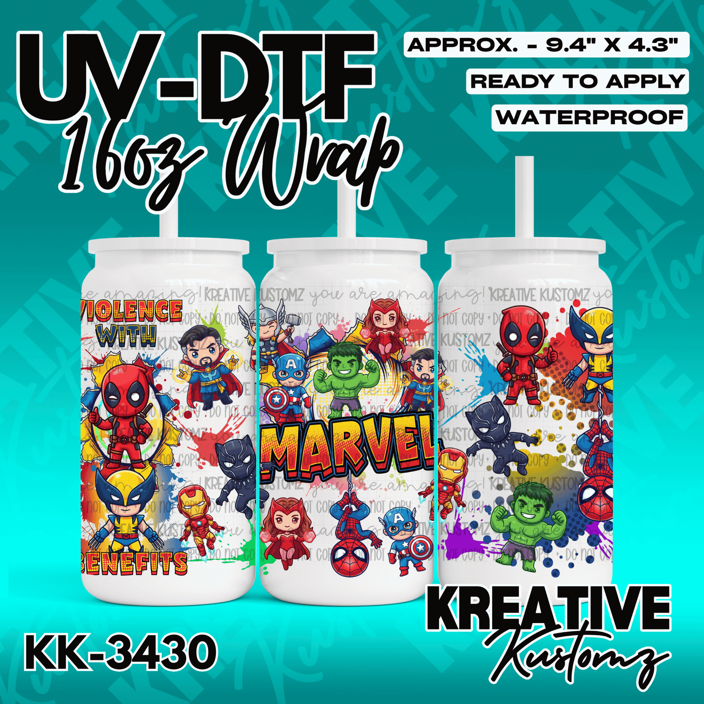 A Marvel themed adhesive wrap for a 16oz glass can featuring various chibi superhero characters.