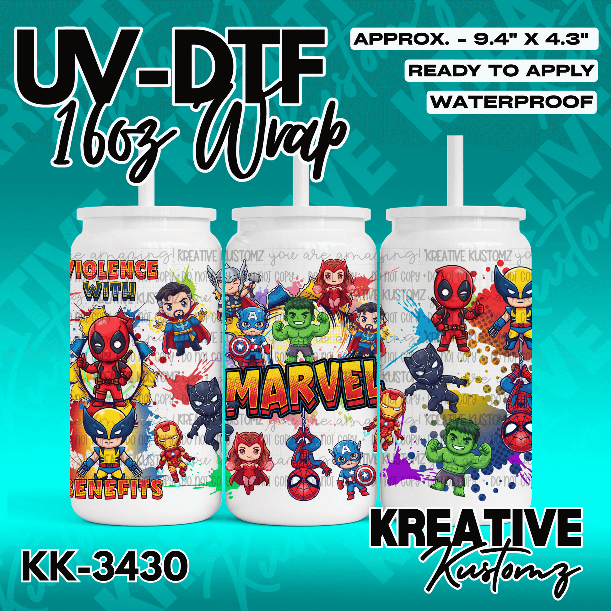 A Marvel themed adhesive wrap for a 16oz glass can featuring various chibi superhero characters.