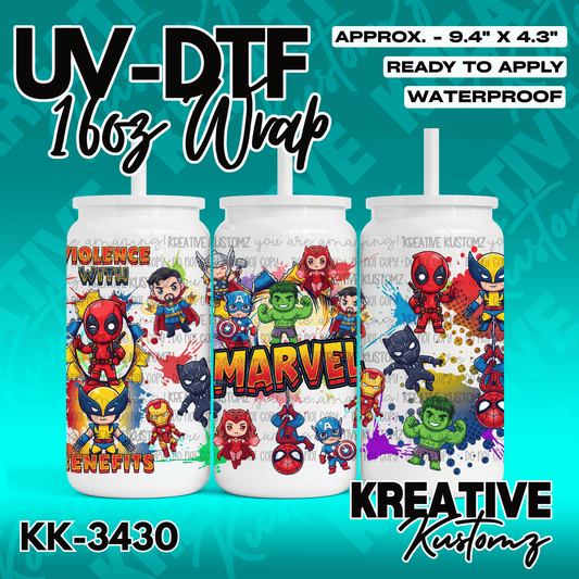 A Marvel themed adhesive wrap for a 16oz glass can featuring various chibi superhero characters.