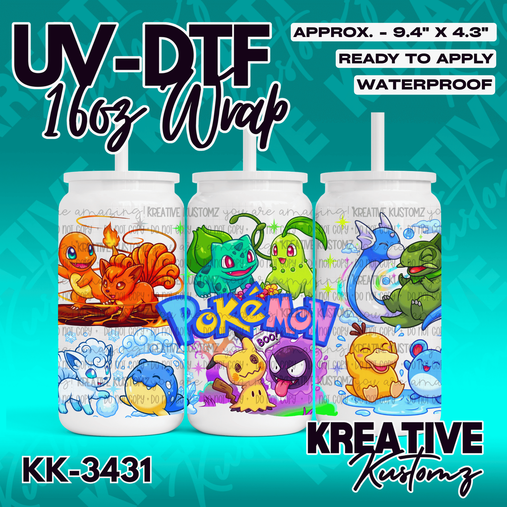 A UV DTF adhesive cup wrap featuring various colorful Pokemon characters for a 16oz glass can.