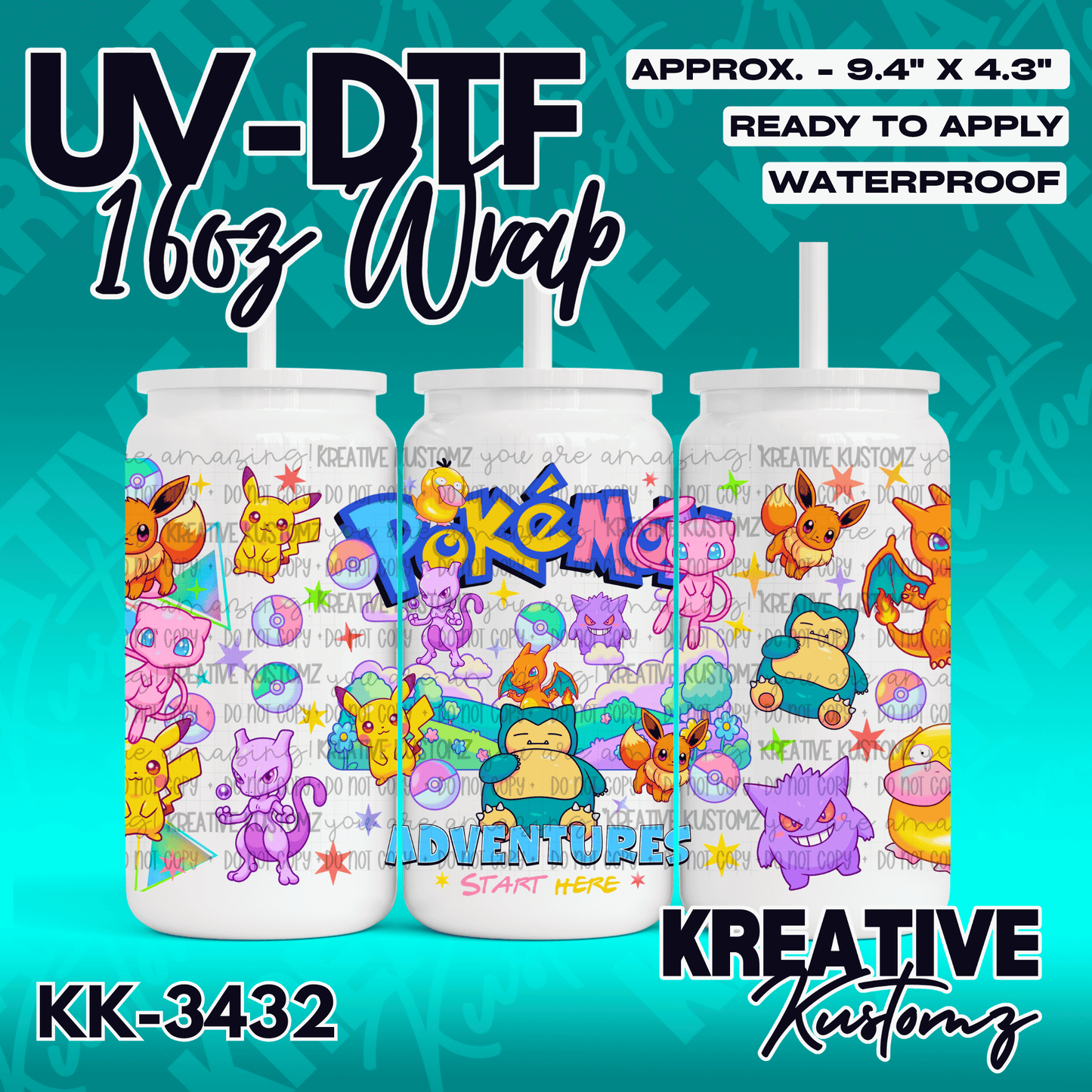 A Pokemon themed UV DTF adhesive wrap for a 16oz glass can featuring various characters.