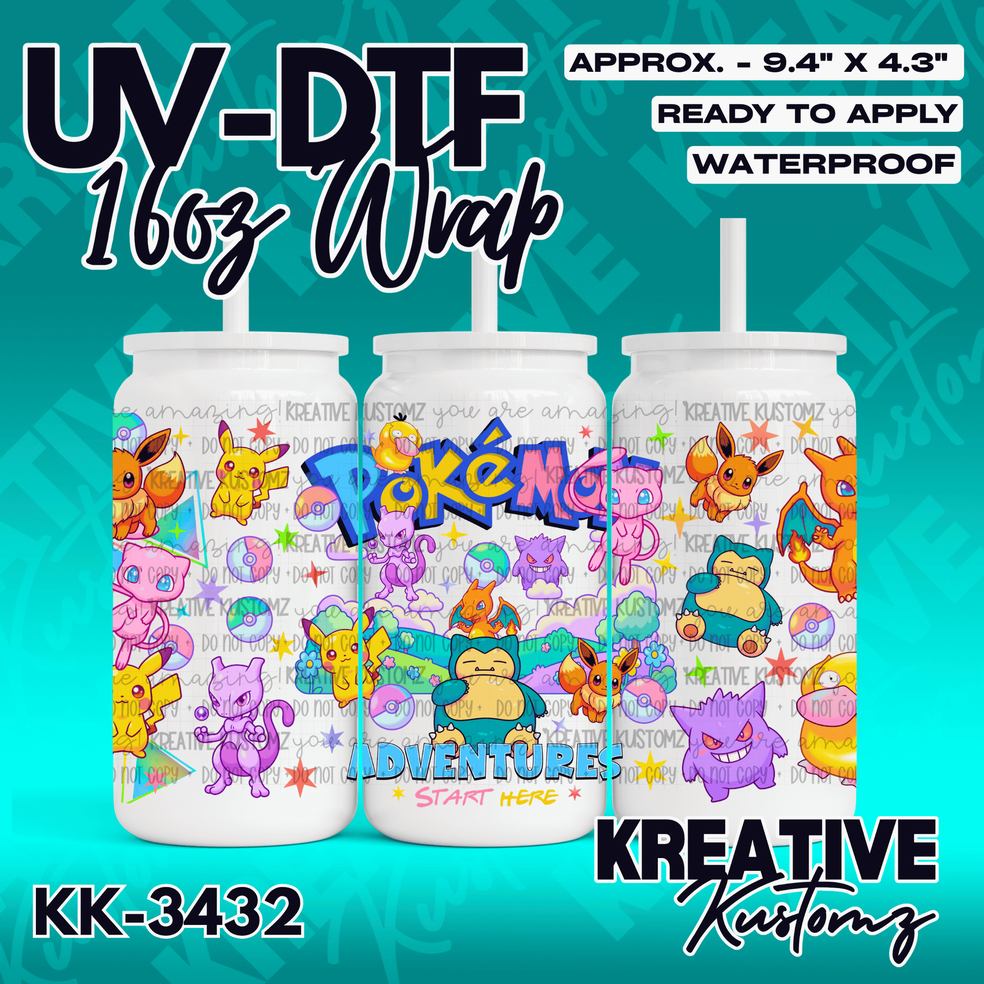 A Pokemon themed UV DTF adhesive wrap for a 16oz glass can featuring various characters.