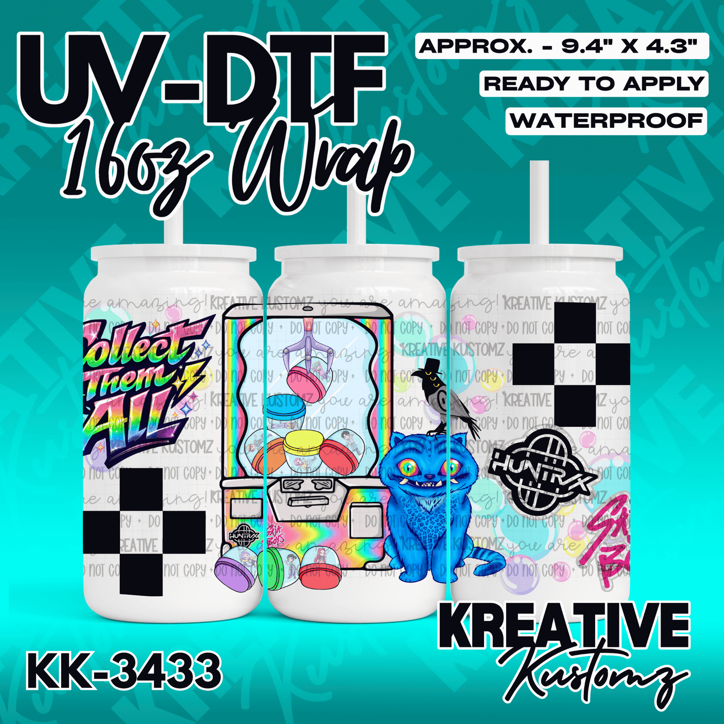 A UV DTF cup wrap featuring a claw machine, a blue monster, and colorful graphic text.