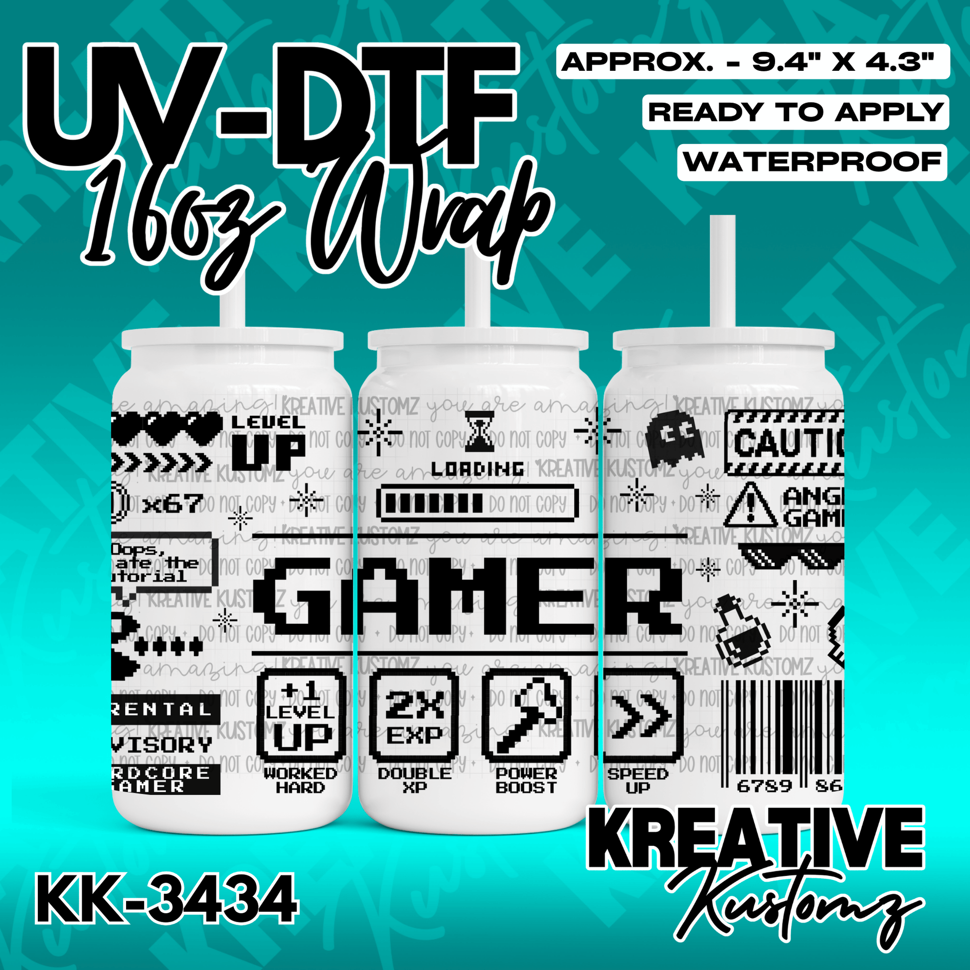 A black and white gamer themed UV DTF wrap for a 16oz glass can.