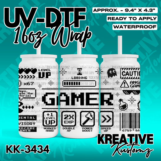 A black and white gamer themed UV DTF wrap for a 16oz glass can.