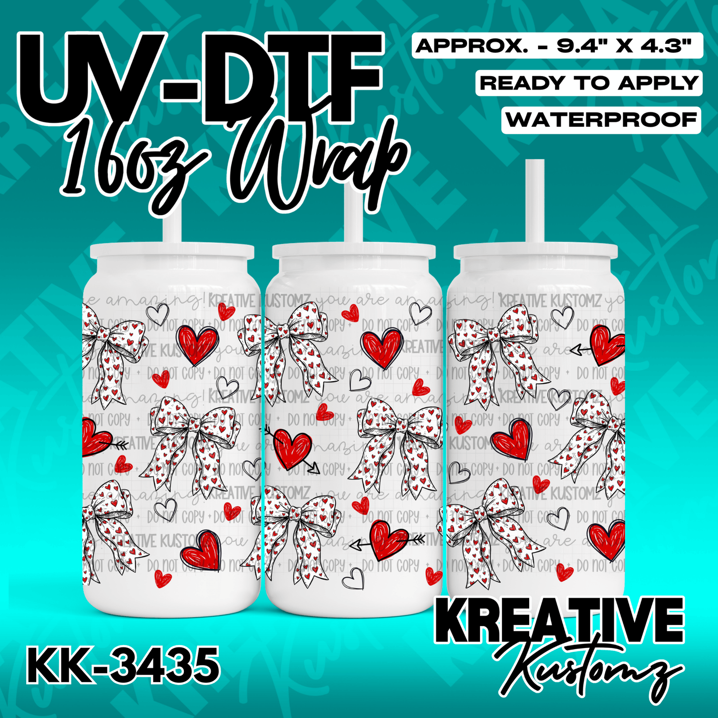 A UV DTF cup wrap featuring a pattern of red hearts and white bows on a clear background.