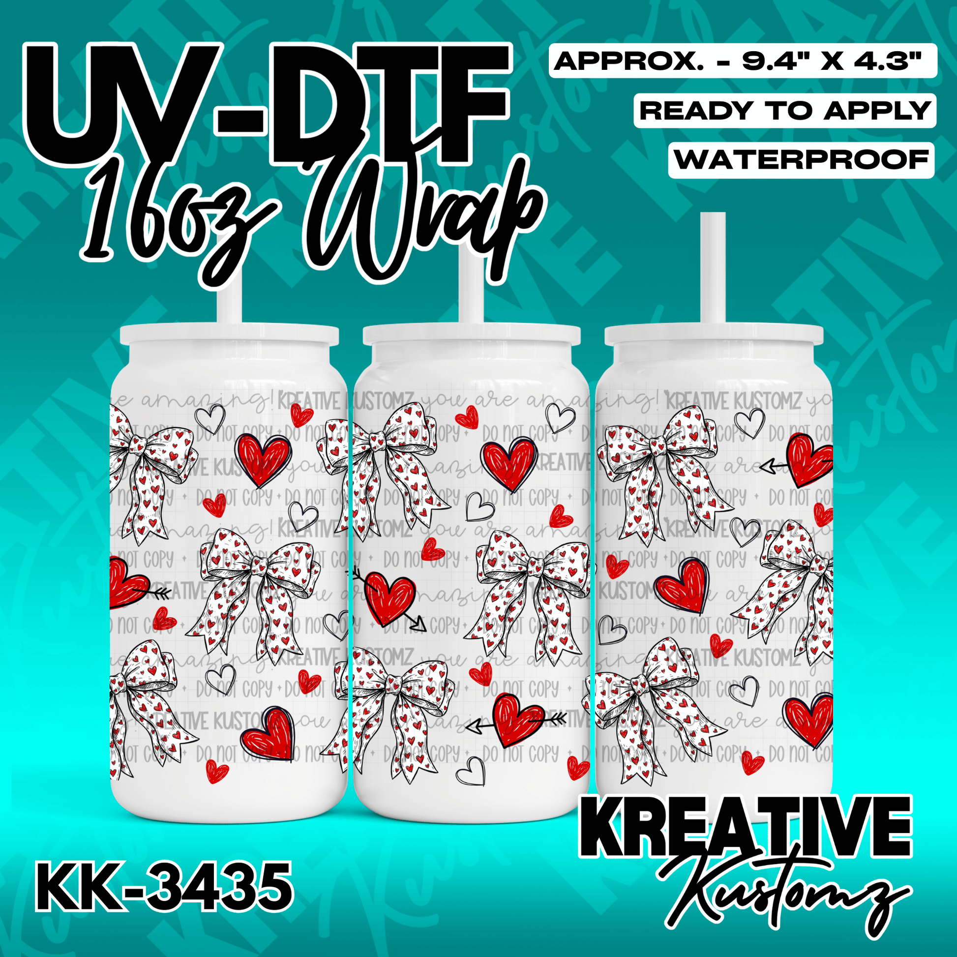 A UV DTF cup wrap featuring a pattern of red hearts and white bows on a clear background.