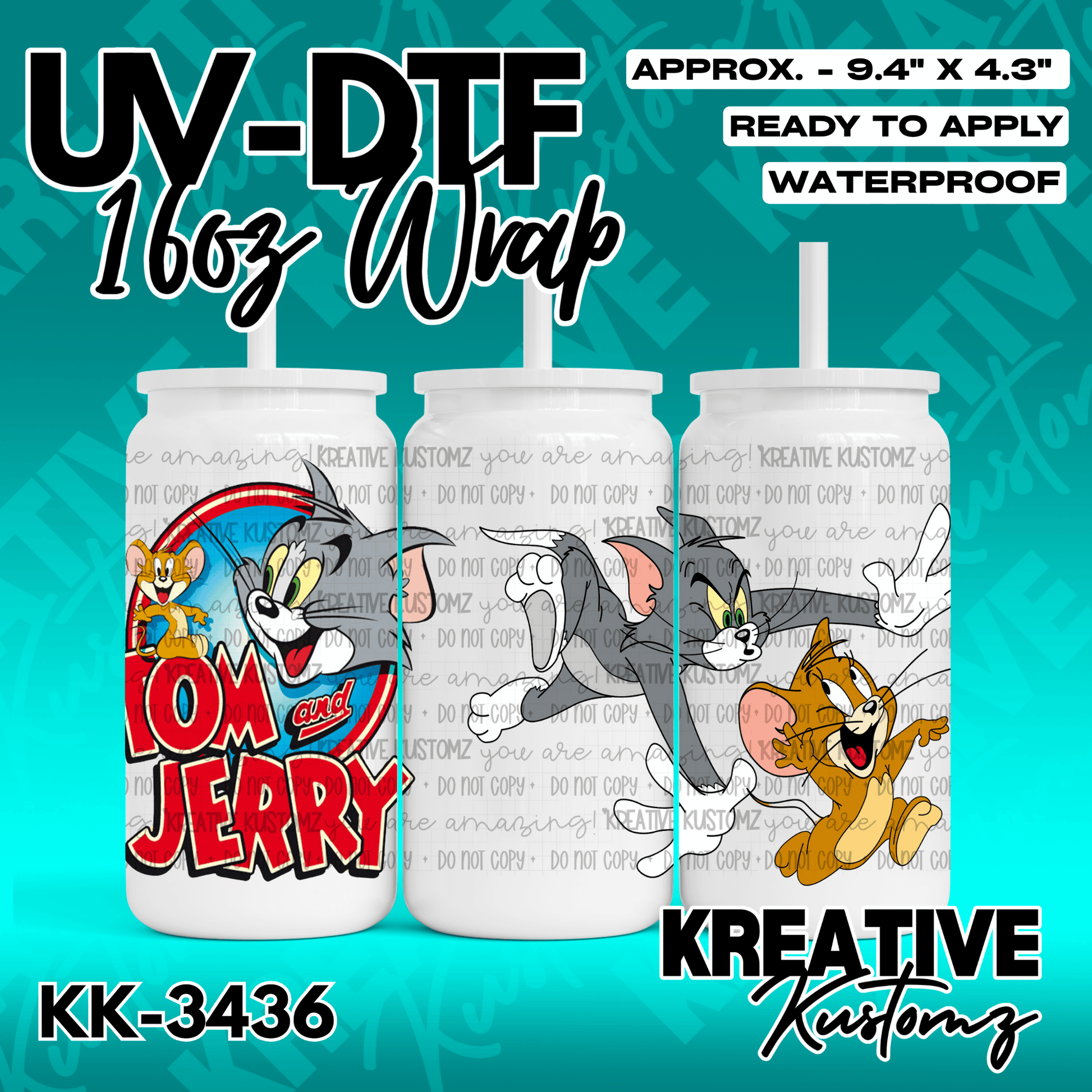 A Tom and Jerry themed UV DTF wrap for a 16oz glass can cup.